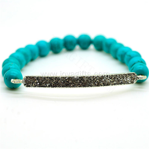 Turquoise 8MM Round Beads Stretch Gemstone Bracelet with Diamante Piece